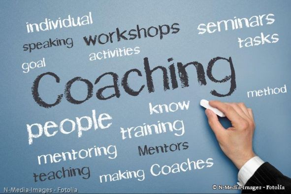 Auf dem Bild sieht man eine Tafel mit verschiedenen Begriffen, wie z.B. Coaching, workshops, people, training