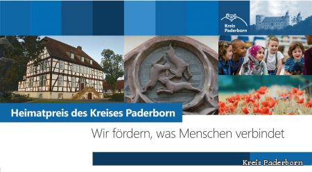 zu sehen sind verschiedene Motive die Heimat bedeuten können: blühende Landschaft, das Paderborner Drei-Hasen-Fenster, ein Fachwerkhaus und Kinder verschiedener ethischer Herkunft