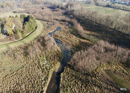 Zu sehen ist eine Naturlandschaft in deren Mitte die Lippe fließt. 