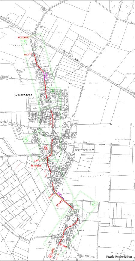 Der Plan zeigt die Ortsdurchfahrt Dörenhagen und Busch