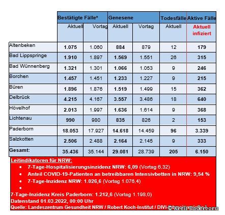 Grafiktabelle der bestätigten Fälle, der Todesfälle, der Genesenen und der aktiven Fälle eingeteilt in Städten und Gemeinden des Kreises Paderborn © Kreis Paderborn