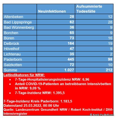 Grafiktabelle der bestätigten Fälle, der Todesfälle, der Genesenen und der aktiven Fälle eingeteilt in Städten und Gemeinden des Kreises Paderborn © Kreis Paderborn