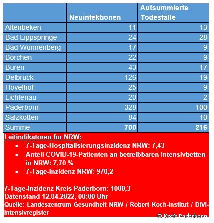 Zahl der Neuinfektionen und Todesfälle in den Städten und Gemeinden des Kreises Paderborn Grafiktabelle der bestätigten Fälle, der Todesfälle, der Genesenen und der aktiven Fälle eingeteilt in Städten und Gemeinden des Kreises Paderborn © Kreis Paderborn