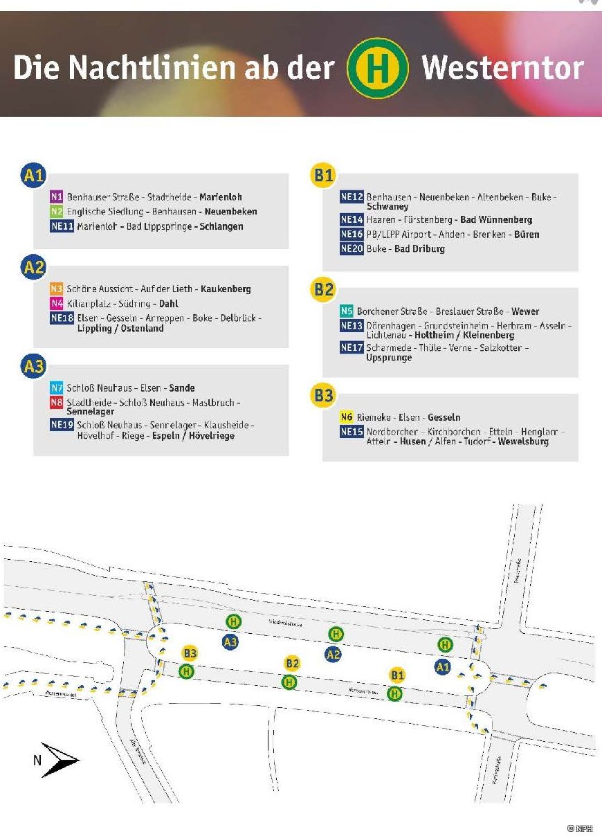 Umgebungsplan und Abfahrtspositionen der NachtExpress- und Nachtbus-Linien an der Haltestelle Westerntor © NPH