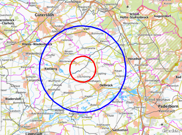 Erweiterte Karte der Schutz- und Überwachungszone des Kreises Paderborn und Gütersloh