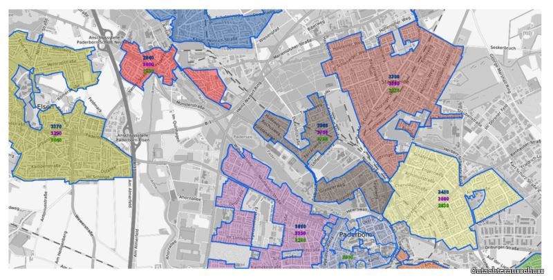 Immobilienrichtwertzonen in der Paderborner Kernstadt mit den aktuellen Immobilienrichtwerten