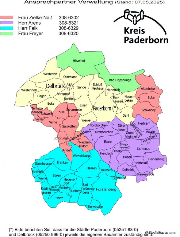 Übersichtskarte mit Baubezirken und den zuständigen Ansprechpersonn