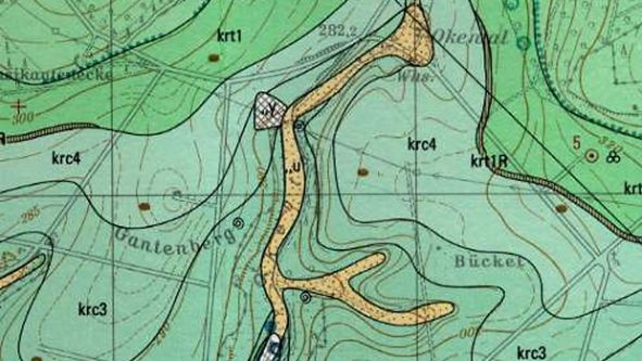 Ausschnitt aus der Geologischen Karte (Blatt 4417) für den Bereich des Okentals. Grün (krc) sind die Kalksteinschichten des Cenoman, blau (krl) ist die Schicht des Grünsandsteins dargestellt, grau (cn) die Schichten des Karbon. (Bildquelle: Geologischer Dienst NRW - Landesbetrieb)